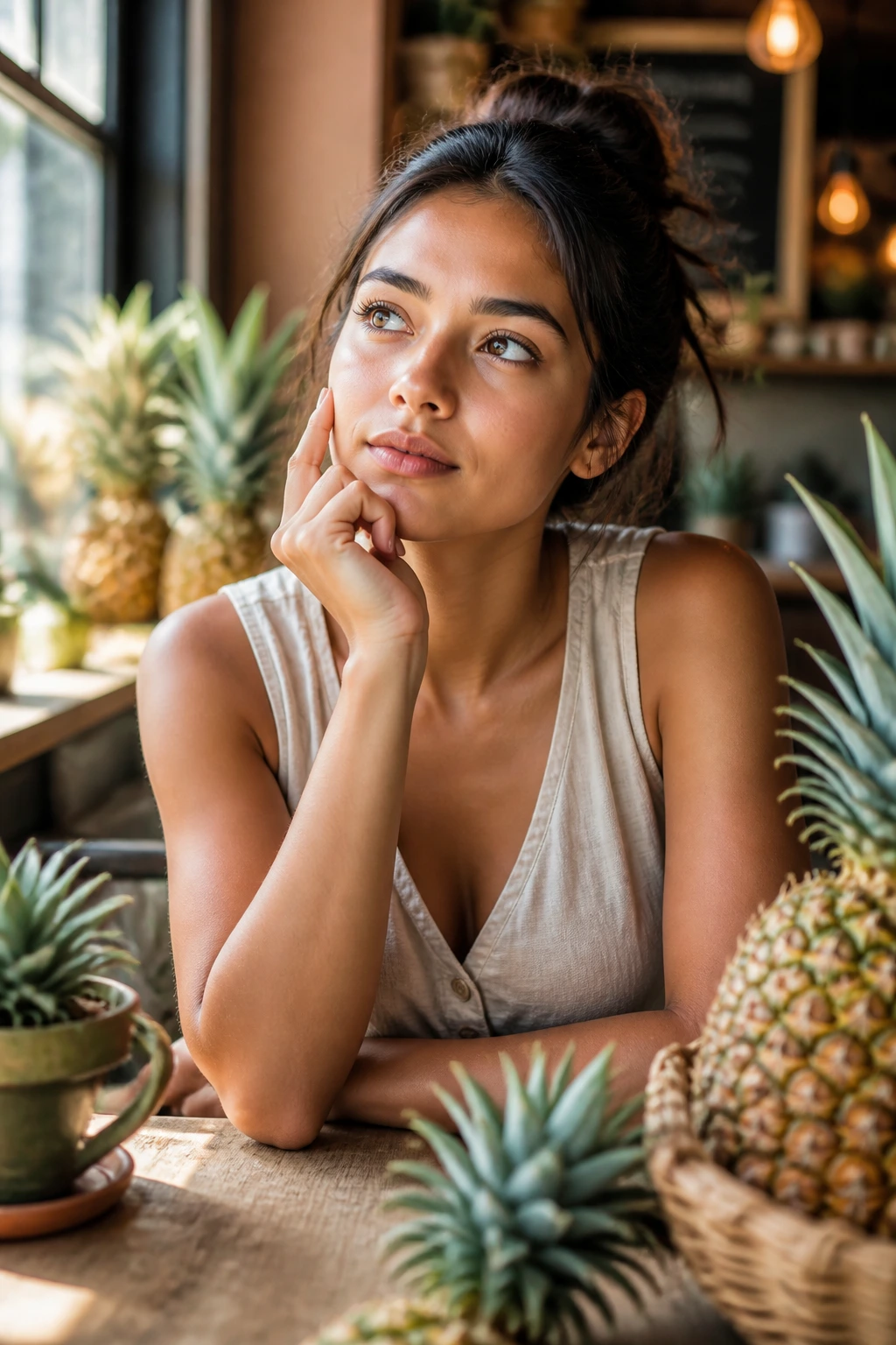 Close-up portrait of a thoughtful person in a cozy cafe, symbolizing pineapple FAQs