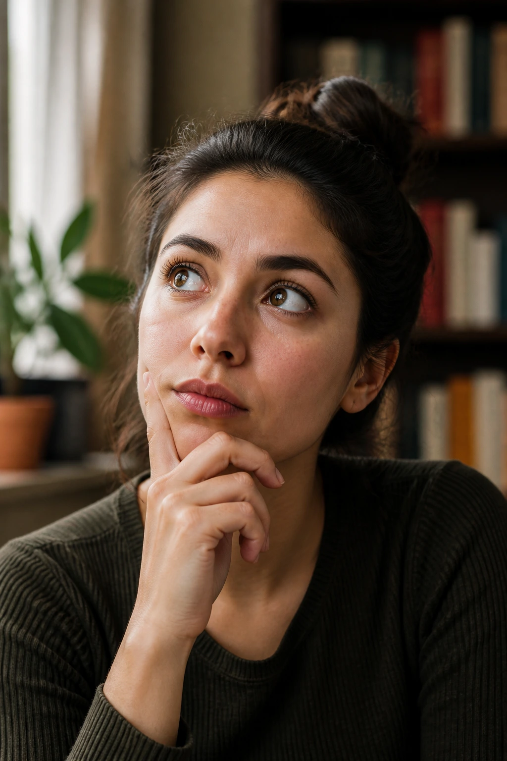 Plantain Chips Vs Banana Chips: Which Is Better For You? 8 Close-up portrait of a thoughtful person representing FAQs, with a warm cozy study background