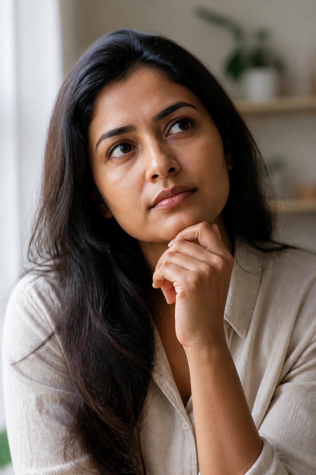 Close-up portrait of a real person with a thoughtful expression in a home setting