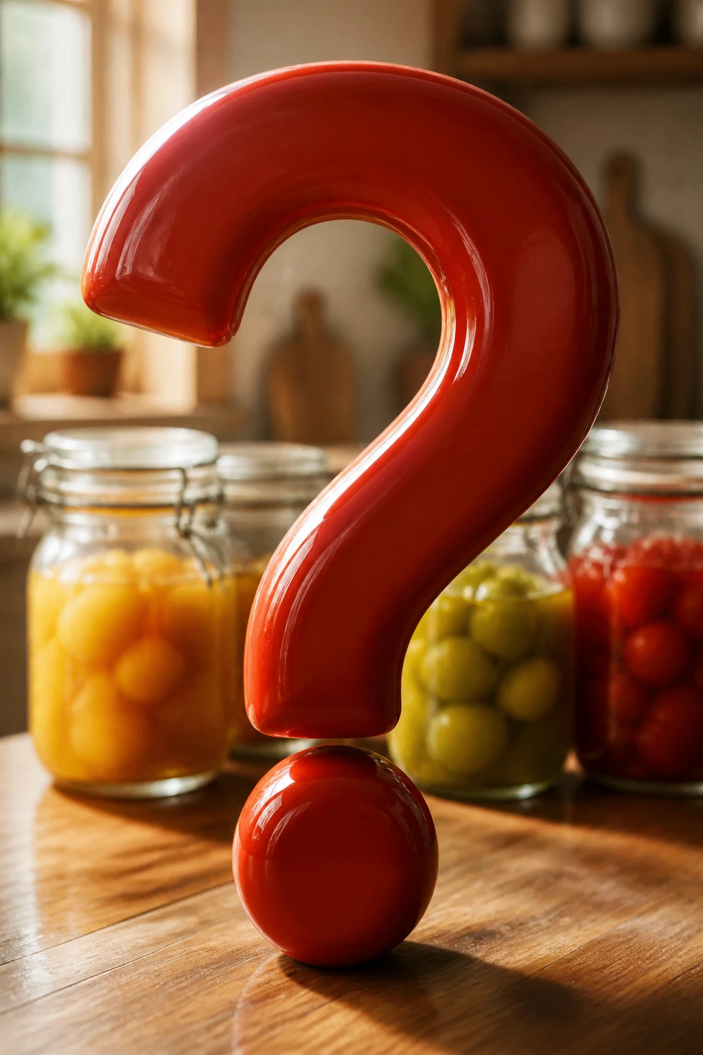 How Do You Pickle A Fruit At Home? For Maximum Freshness 7 Close-up of a glossy question-mark sculpture on a kitchen counter, symbolizing FAQs