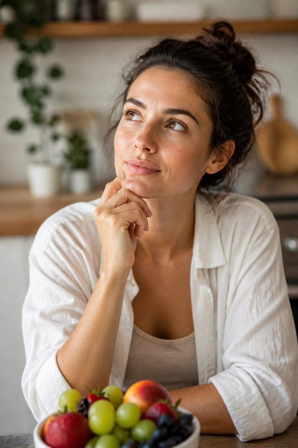Thoughtful person in a warm kitchen, representing frequently asked questions about tannin-rich fruits.