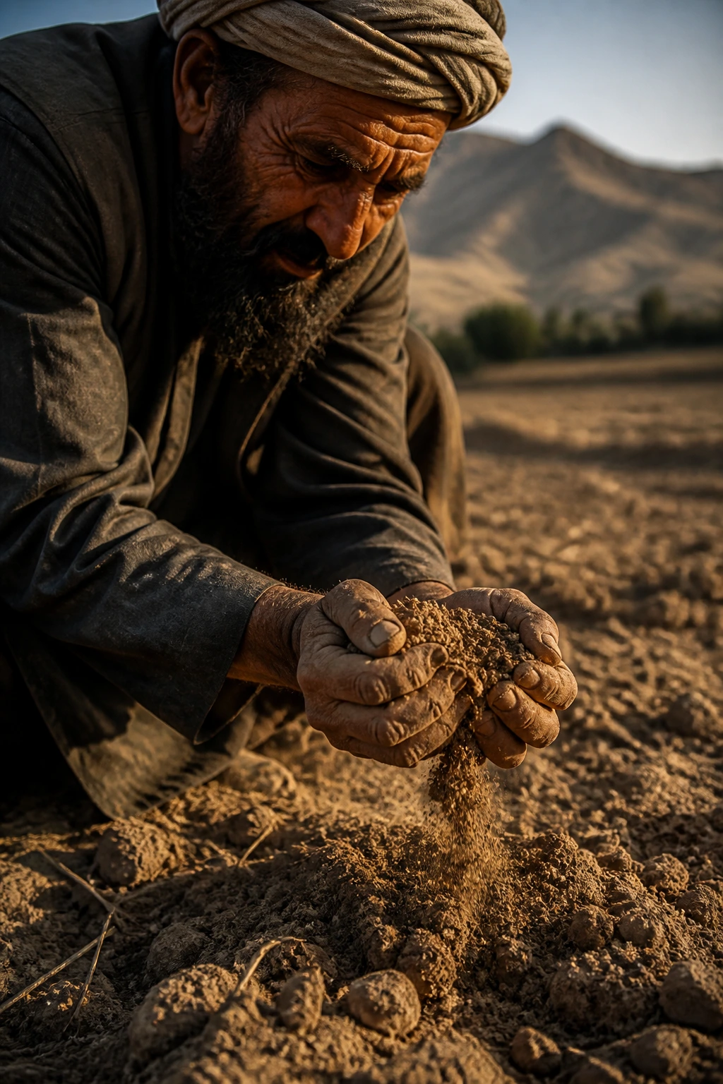 Close-up of farmer's weathered hands on dry soil in an Afghan farming field.