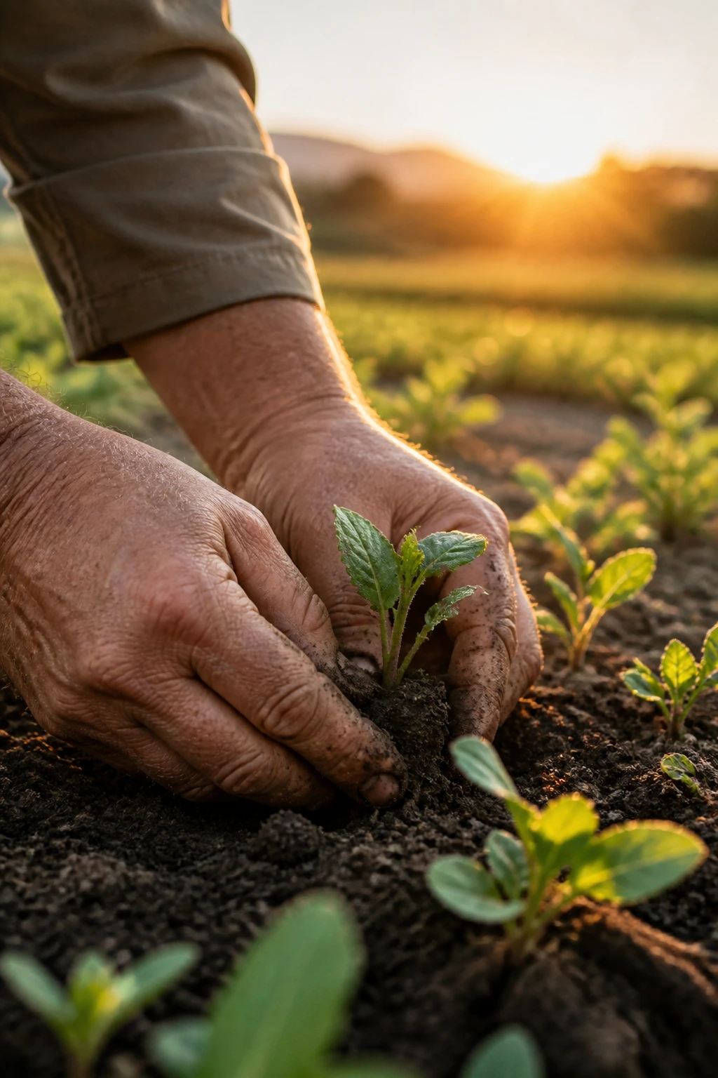 From Passion to Harvest: How To Start Farming With No Money? 1 Close-up of a farmer's hands tending seedlings in soil under warm sunlight