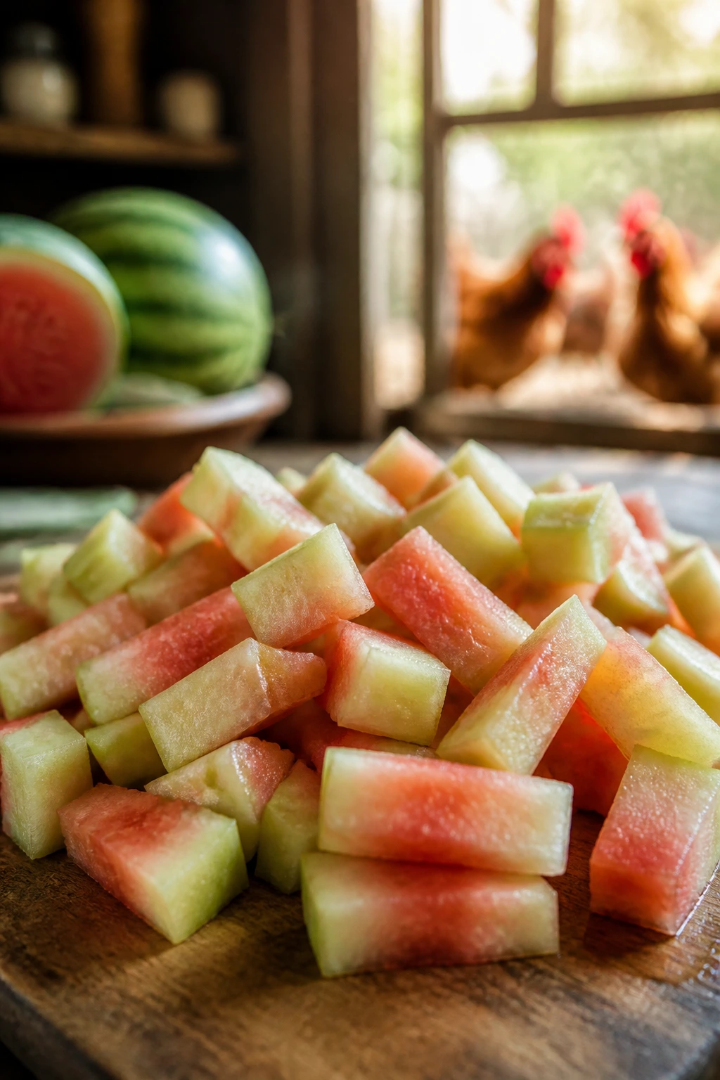 Small bite-sized watermelon rind pieces on cutting board ready for chickens