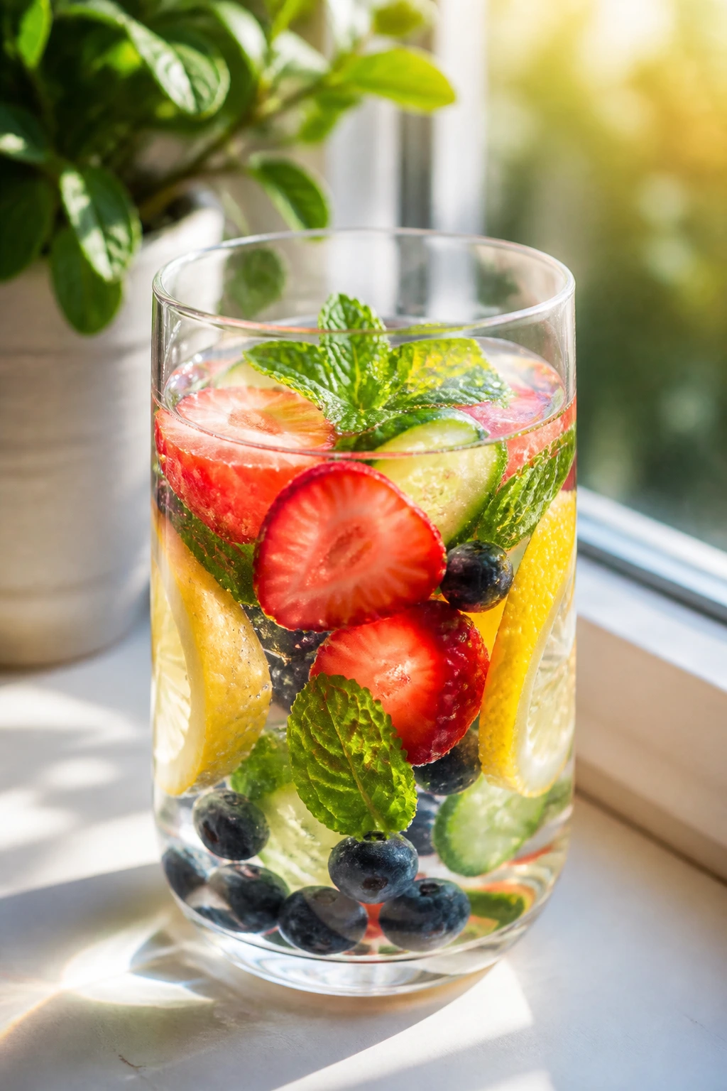 Glass of fruit-infused water on sunlit windowsill with greenery
