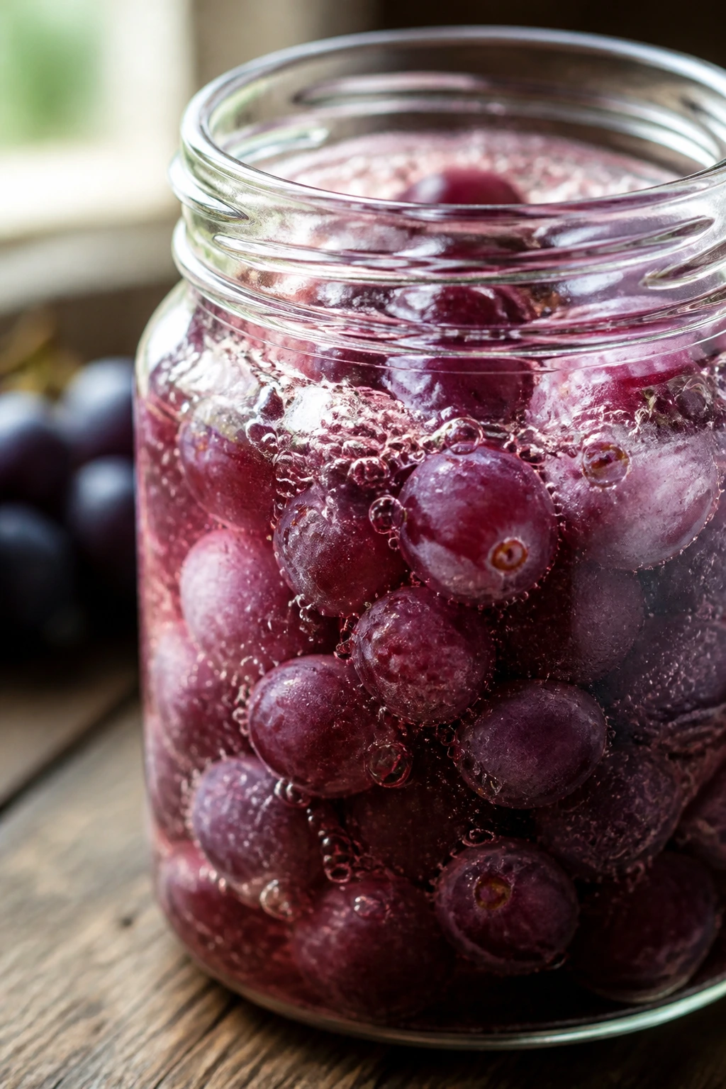 Fermented grapes in a bubbling jar on a wooden table
