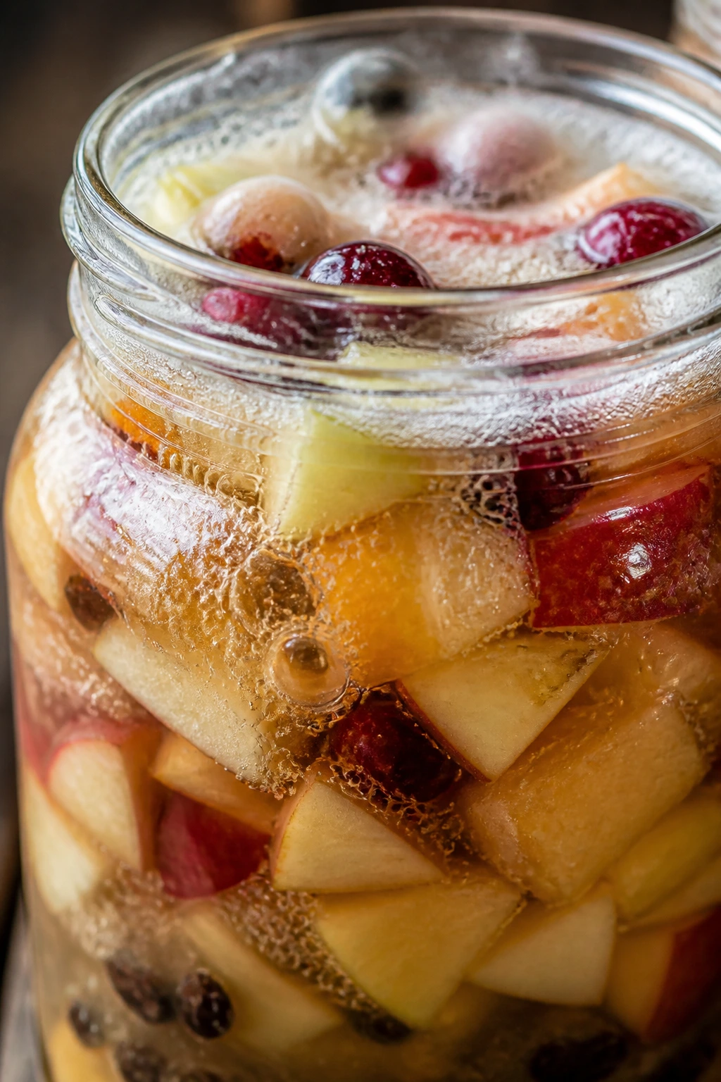 Close-up of bubbling fermented fruit in a jar on a rustic kitchen counter