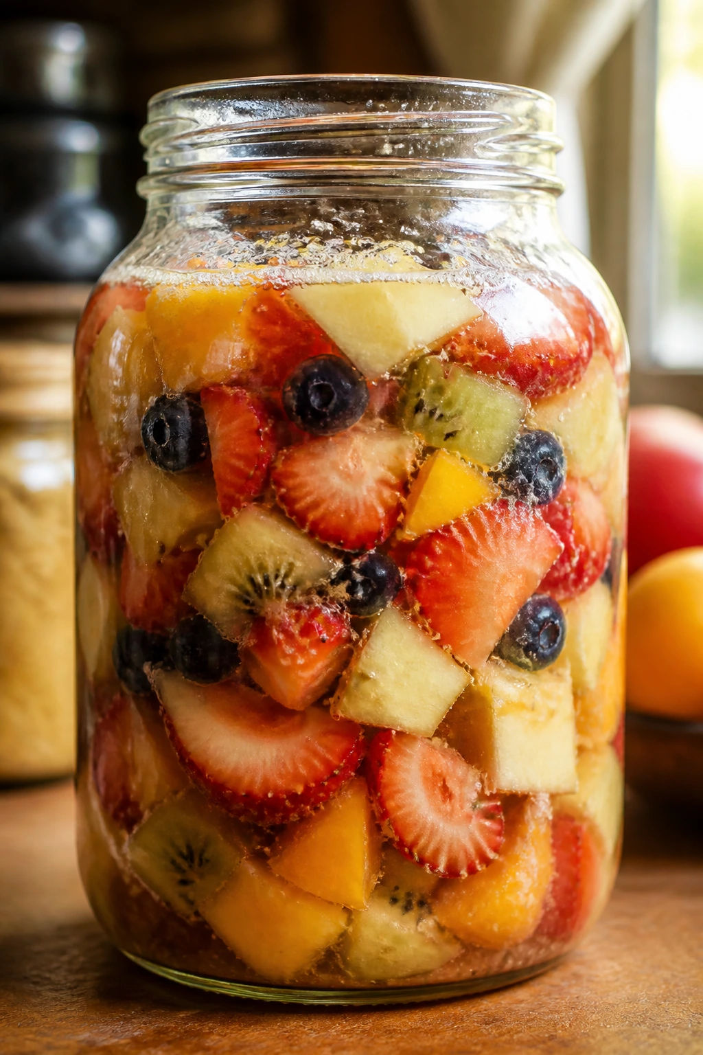 Juicy fermented fruit jar on a kitchen counter