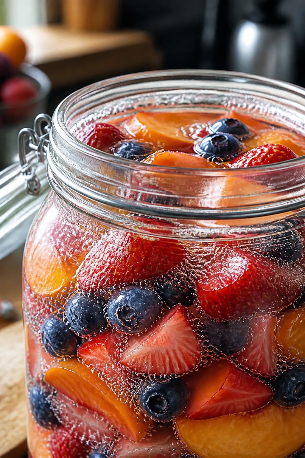 Cozy jar of fermented fruit on a kitchen counter