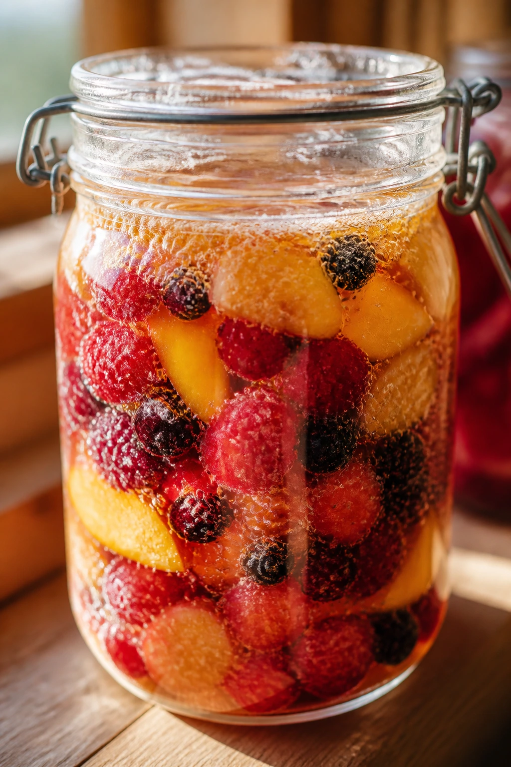 Sunlit jar of bubbling fermented fruit on a wooden shelf