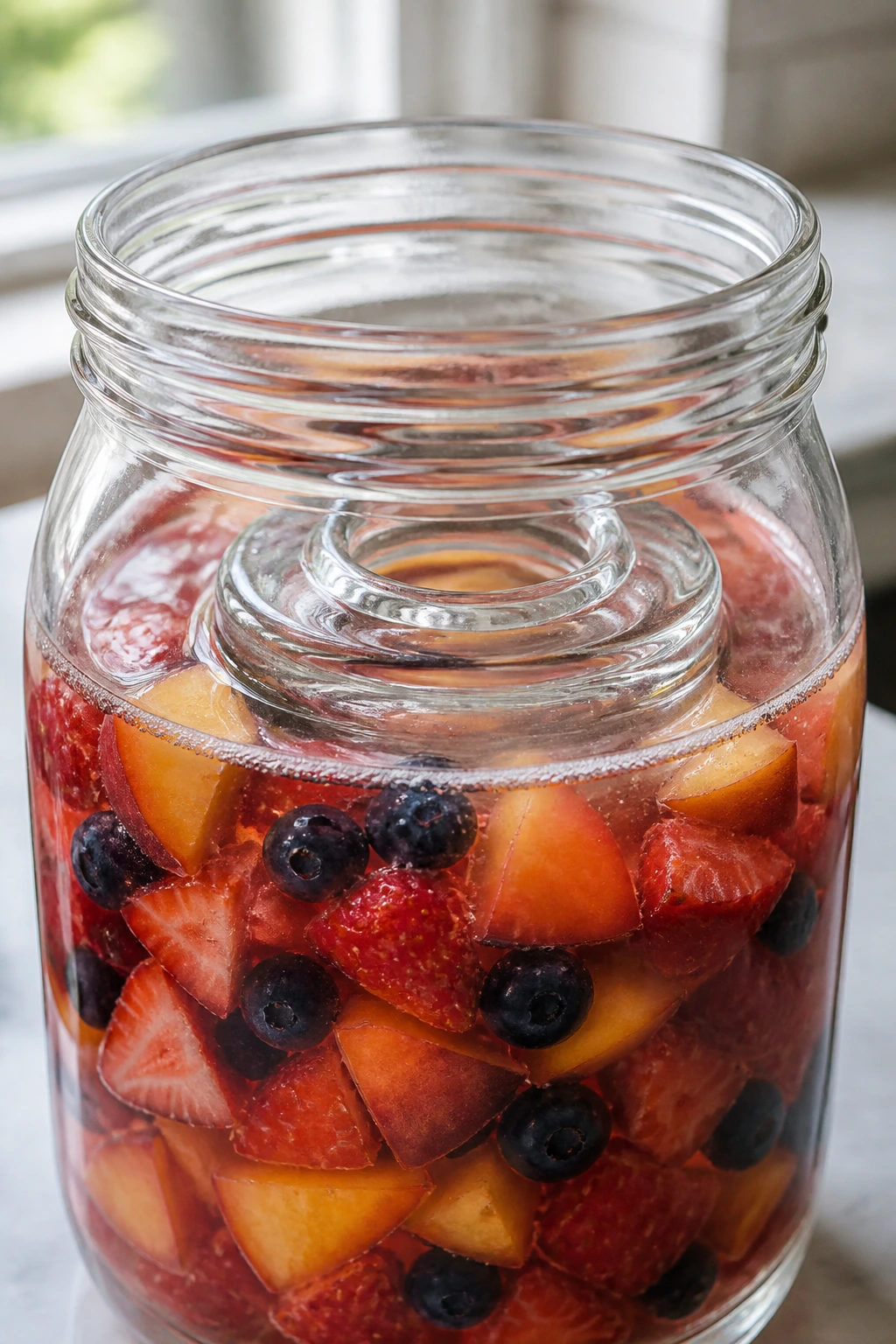 Jar with fruit and fermentation weight in a bright kitchen
