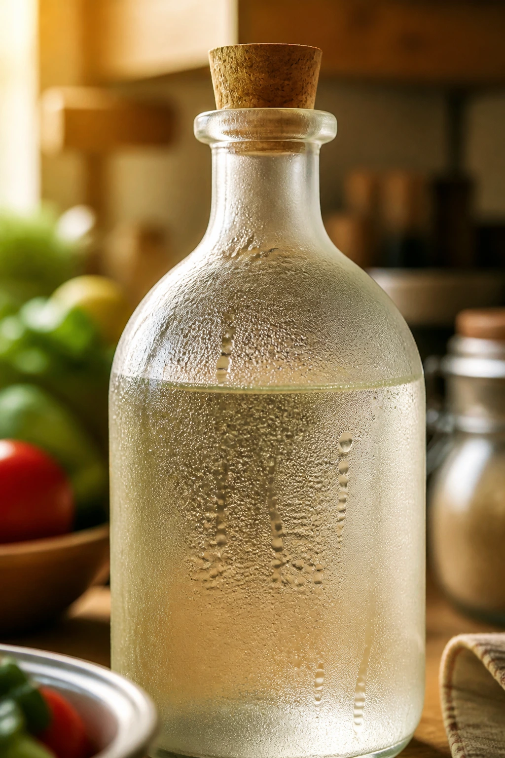 Close-up of a bottle of white vinegar with condensation in a warm kitchen