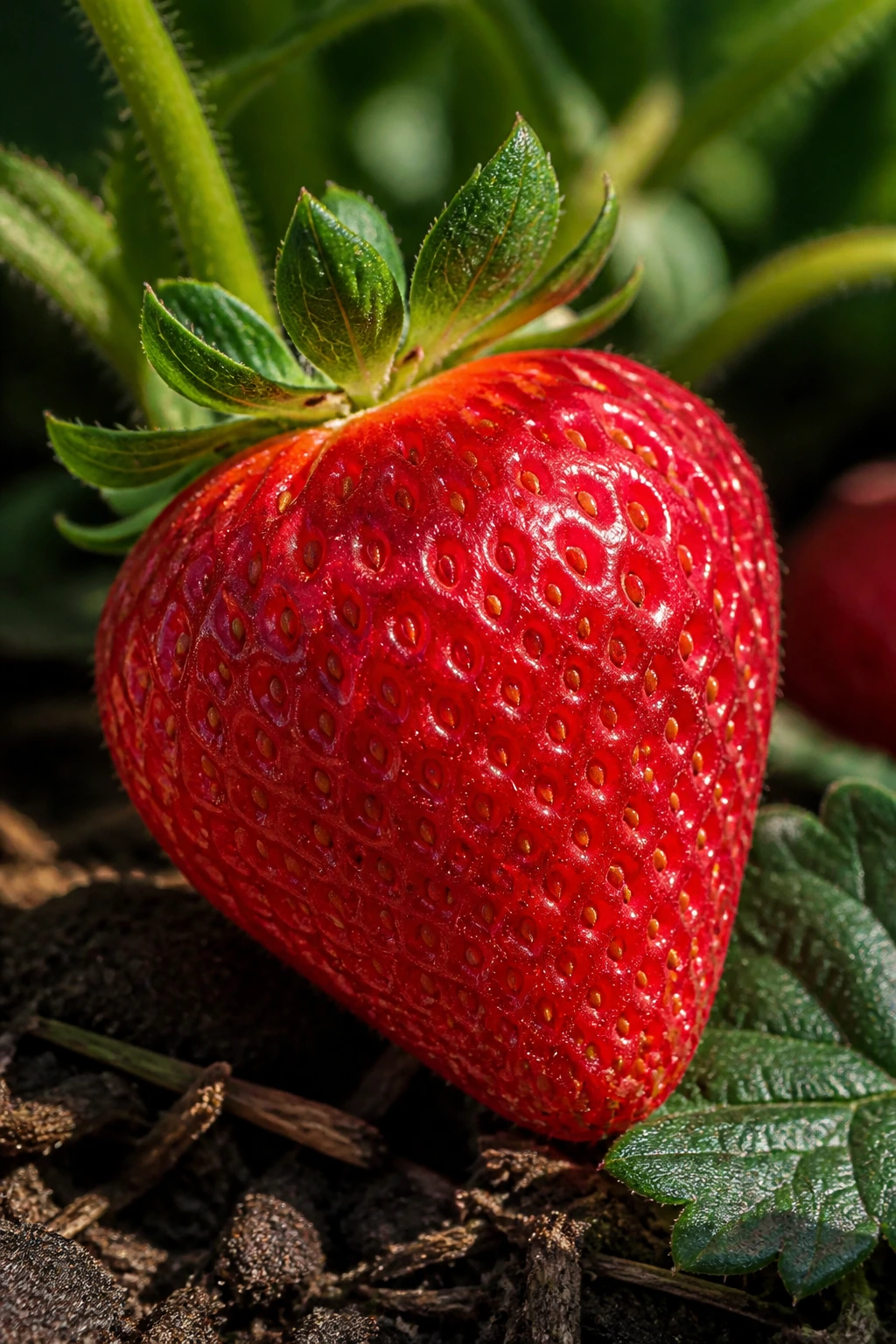 20 Popular Varieties Of Strawberries - And Which To Choose 17 Close-up of a dark red Fern Strawberry with green calyx in a garden
