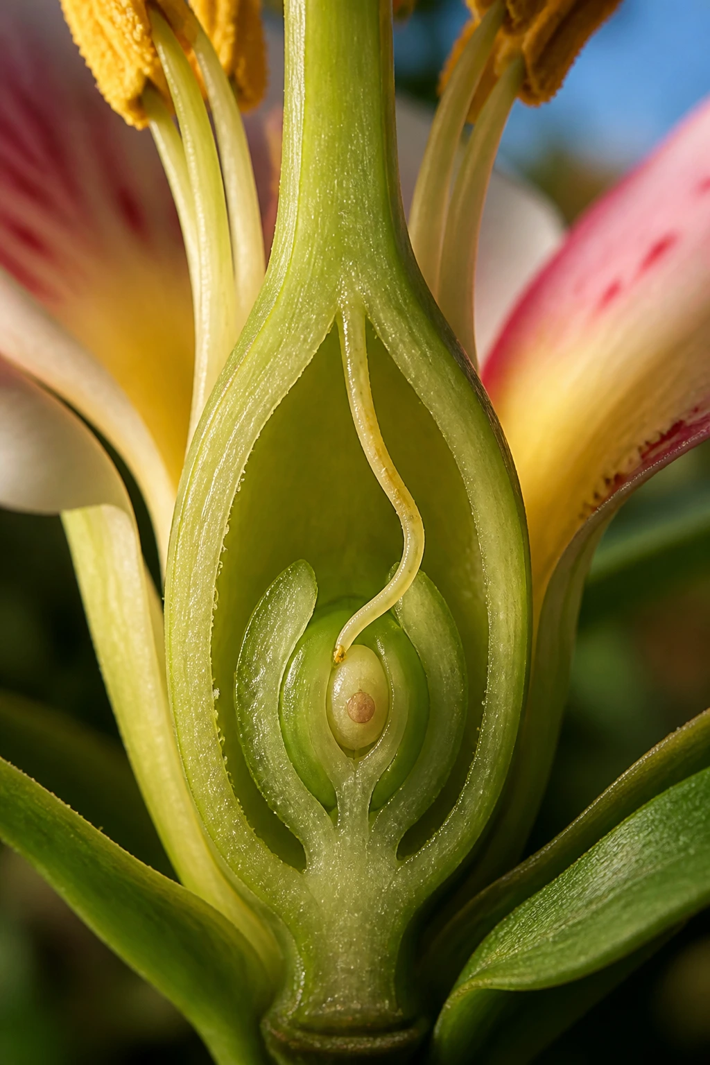 What Is The Difference Between Pollination and Fertilization? 2 Cross-section view of a flower showing fertilization with pollen tube and ovule inside the ovary