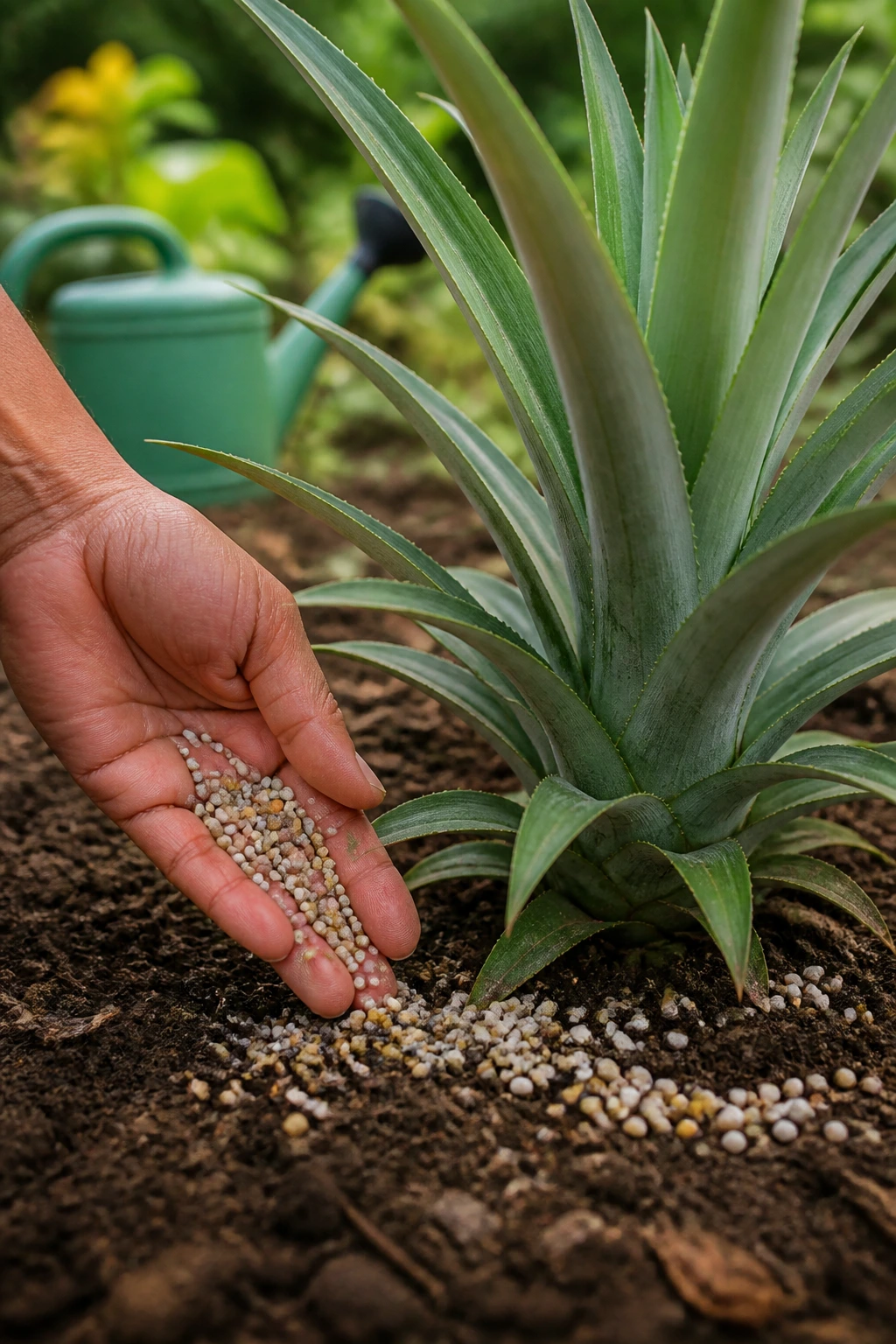 Gardener applying fertilizer around a pineapple plant base