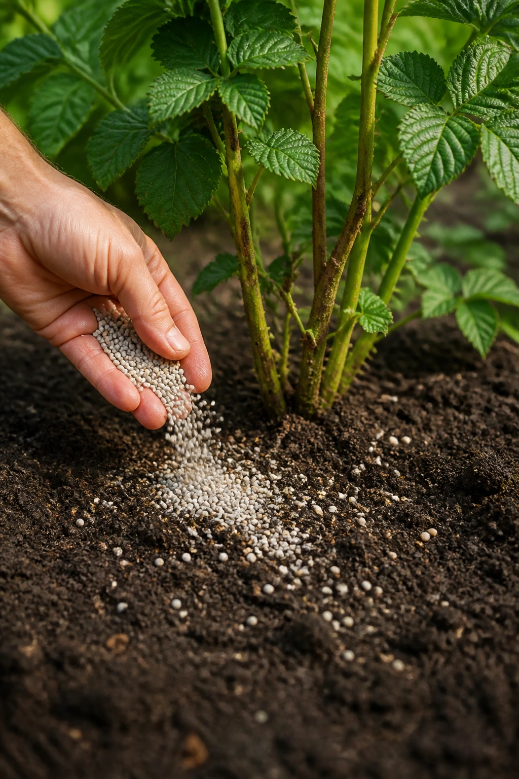Hand applying fertilizer around the base of a blackberry plant in a garden