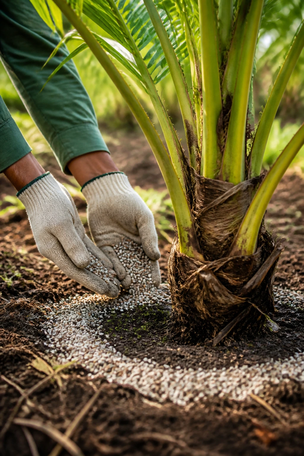 Gardener's Guide: The Best Fertilizer for Coconut Tree 3 Hands applying fertilizer around the base of a coconut tree in a garden
