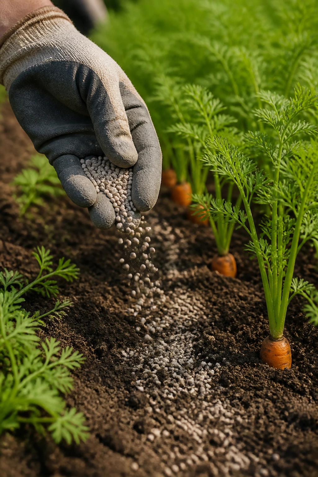 Gardener's Guide: The Best Fertilizer For Carrots 6 Gloved hand spreading fertilizer over carrot bed