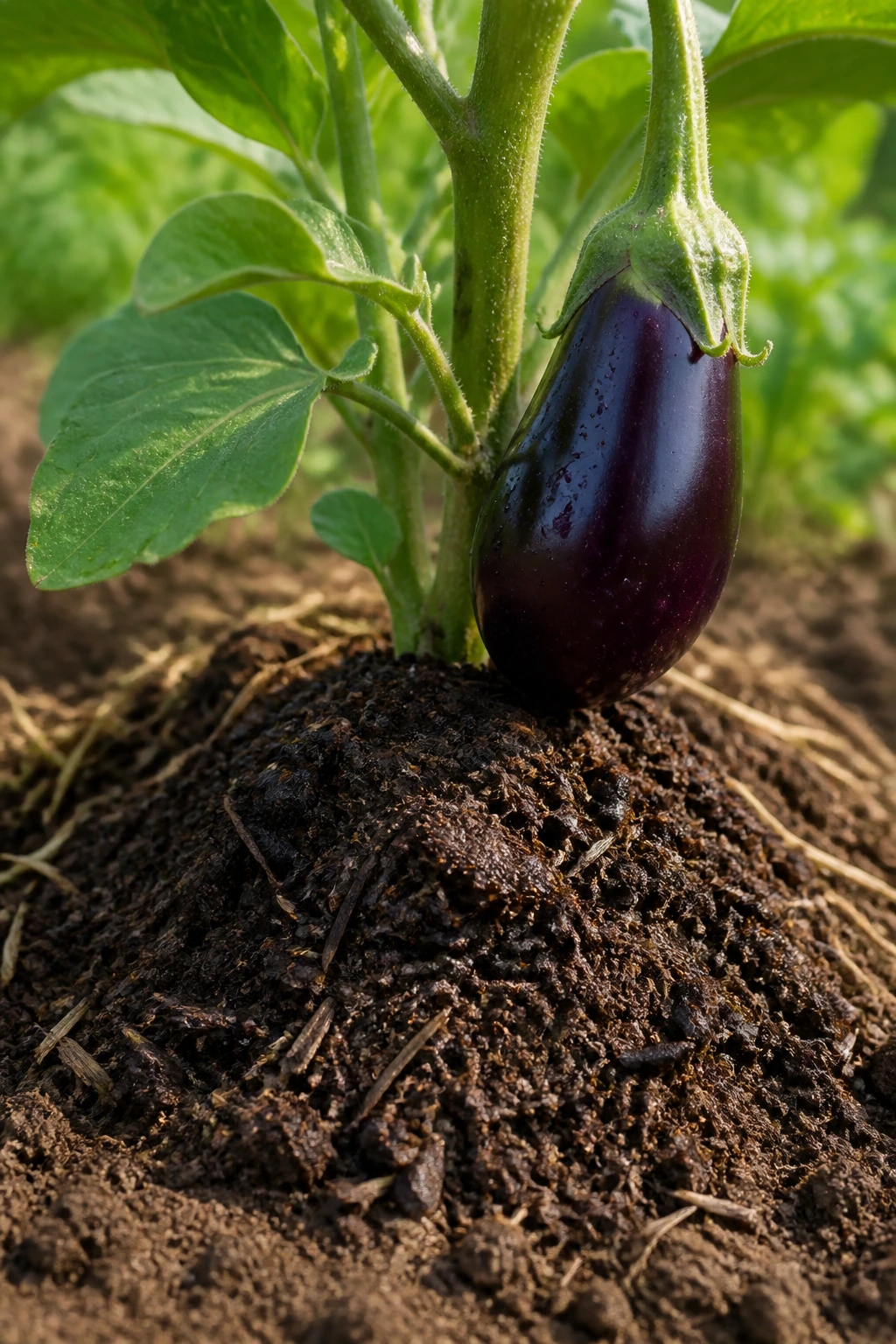 Small mound of compost-like fertilizer on soil near an eggplant plant
