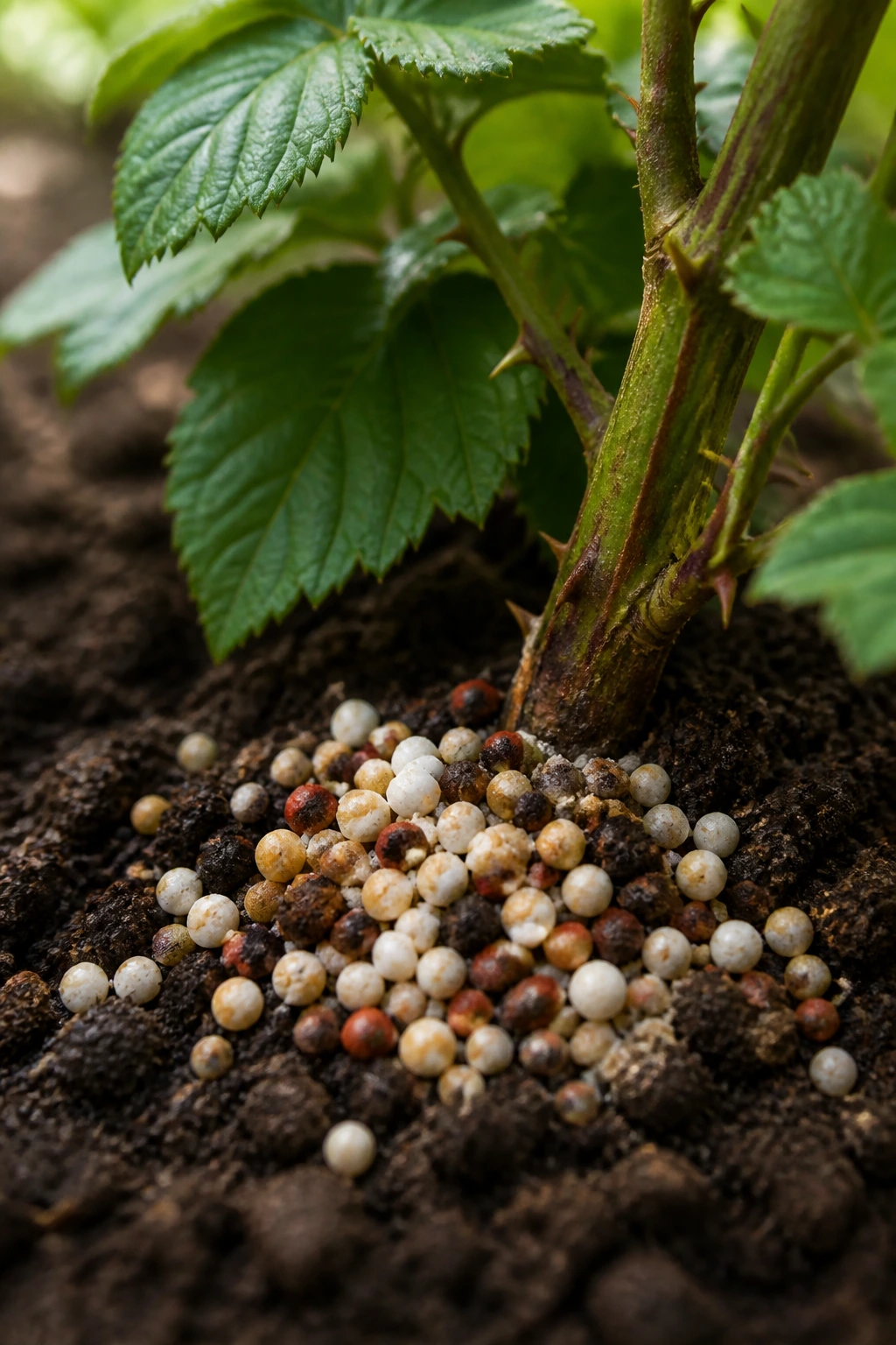 Why Are My Blackberries So Small? 4 Granular blackberry fertilizer on soil near base of plant