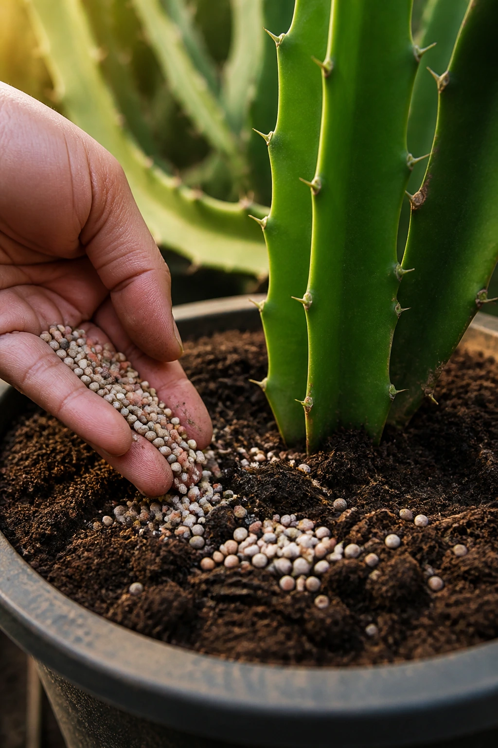 Hand applying fertilizer around dragon fruit soil in pot