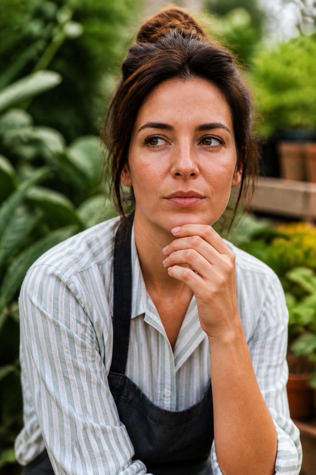 Portrait of a thoughtful woman in a garden