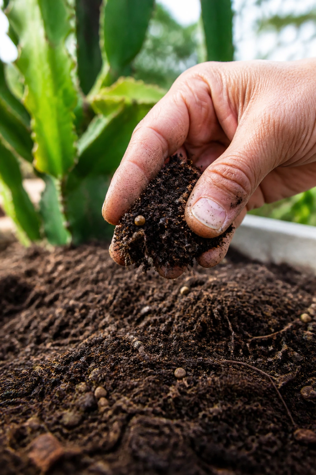 7 Best Organic Fertilizer For Dragon Fruit 7 Gardener's hand checking nutrient-rich soil near dragon fruit plant