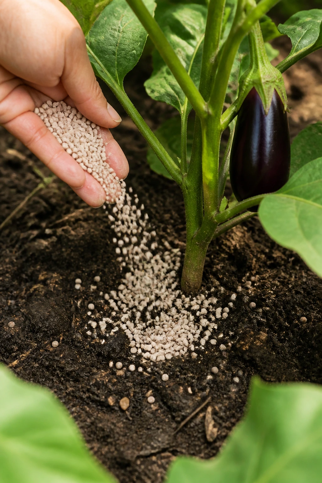 Granular fertilizer being spread on soil around an eggplant plant