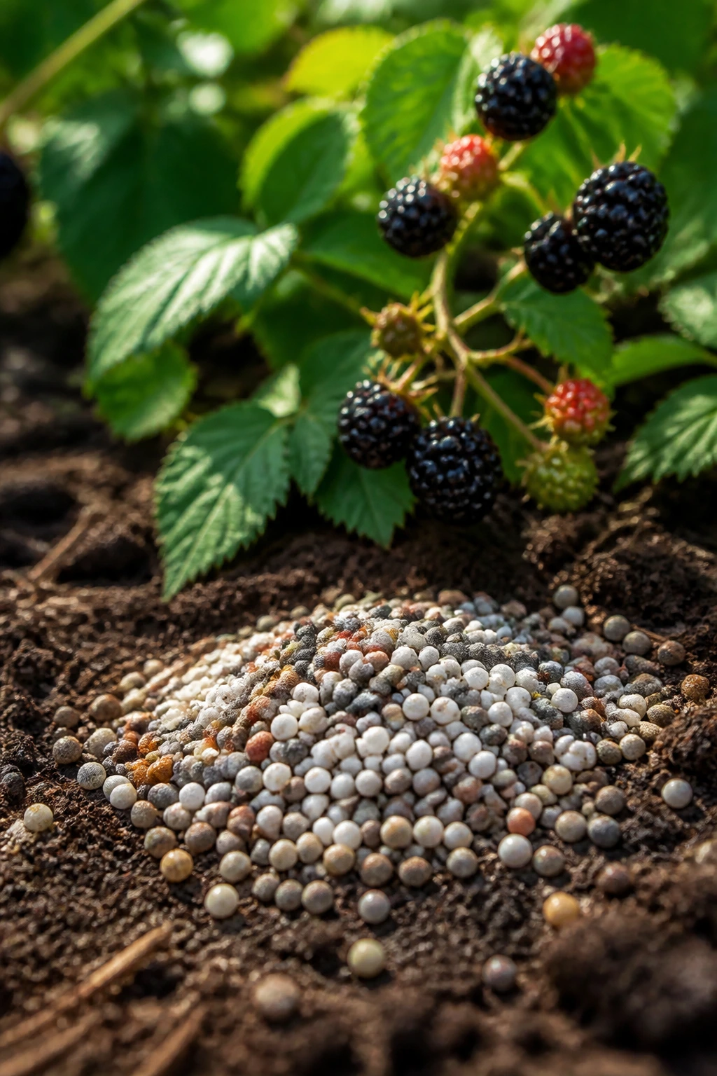 Close-up of granular fertilizer pellets on soil with blackberry plant in background