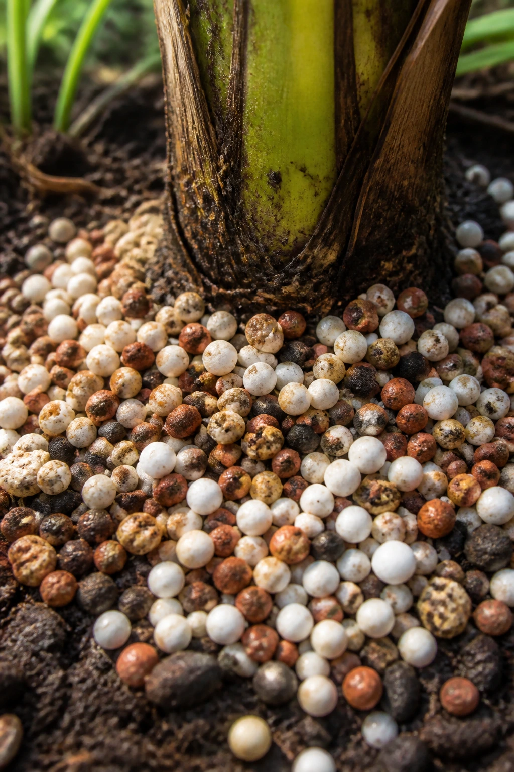 Gardener's Guide: The Best Fertilizer for Coconut Tree 2 Macro close-up of granular fertilizer pellets on soil near a young coconut tree