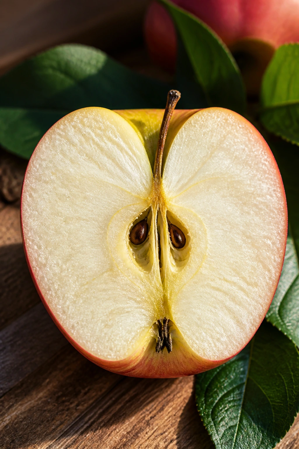 Apple half showing fibrous flesh on wooden counter
