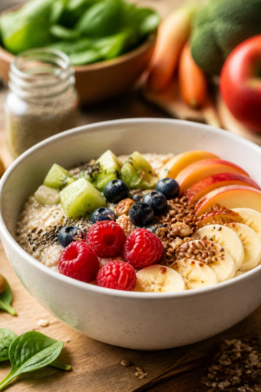 High-fiber breakfast bowl with oats and fruit in a kitchen