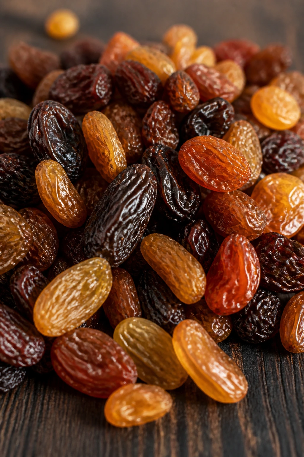 Can Raisins Cause Diarrhea? Are They Good Or Bad? 3 Three raisins of different colors sit on a wooden surface showing variation
