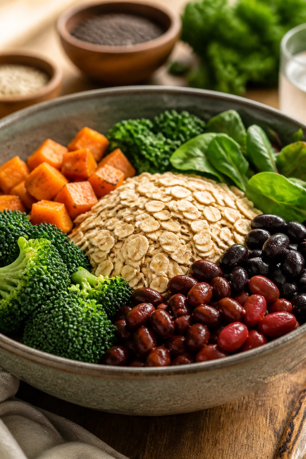 Fiber-rich foods bowl for supporting vein health.