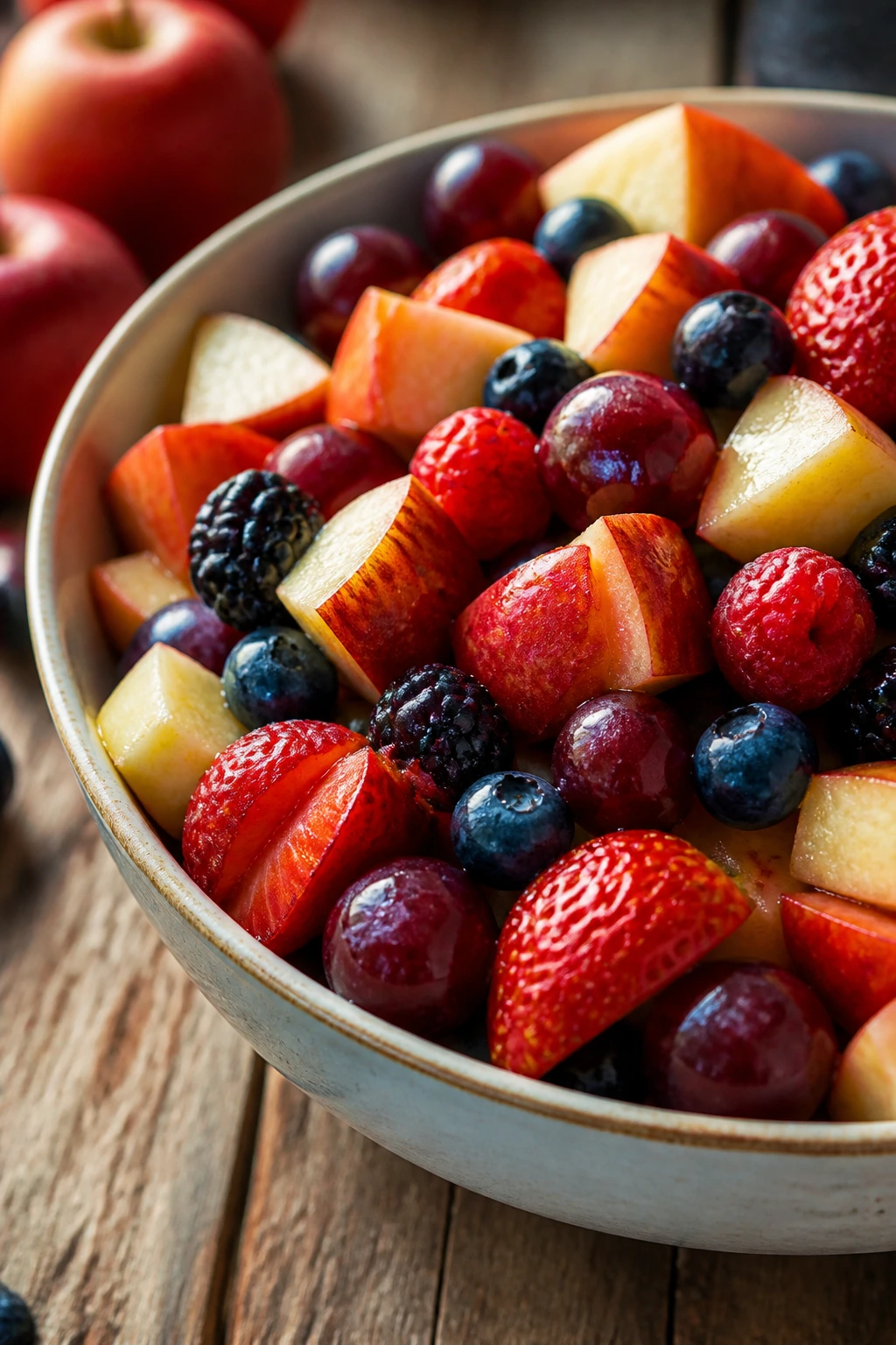 Close-up of a colorful fruit bowl with skins and seeds visible, emphasizing fiber.