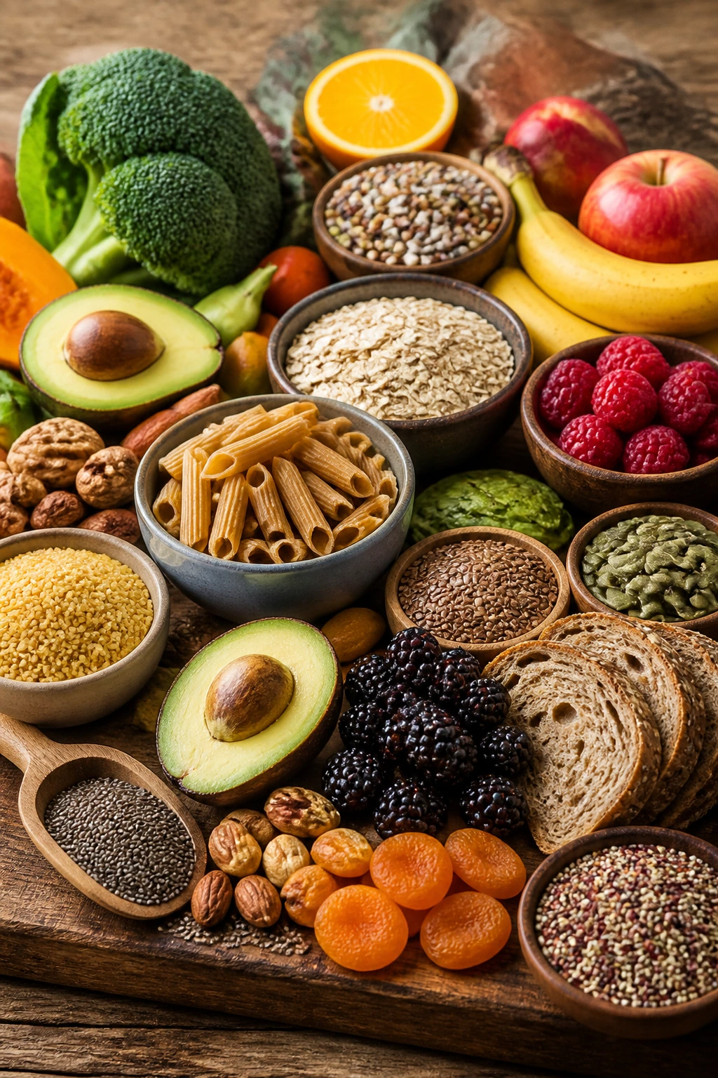 Close-up of high-fiber foods like oats, berries, and beans on a wooden surface.