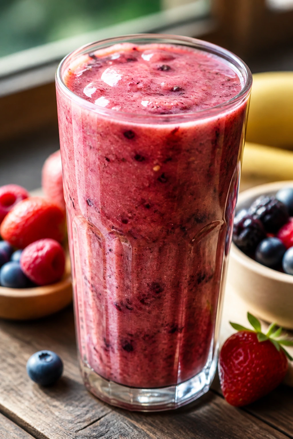 Vibrant smoothie with visible pulp and seeds in a glass.
