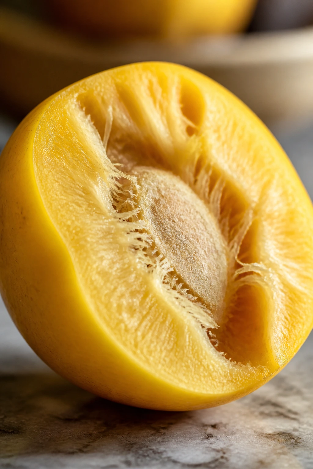 Cross-sectioned June plum highlighting fibrous flesh and dietary fiber