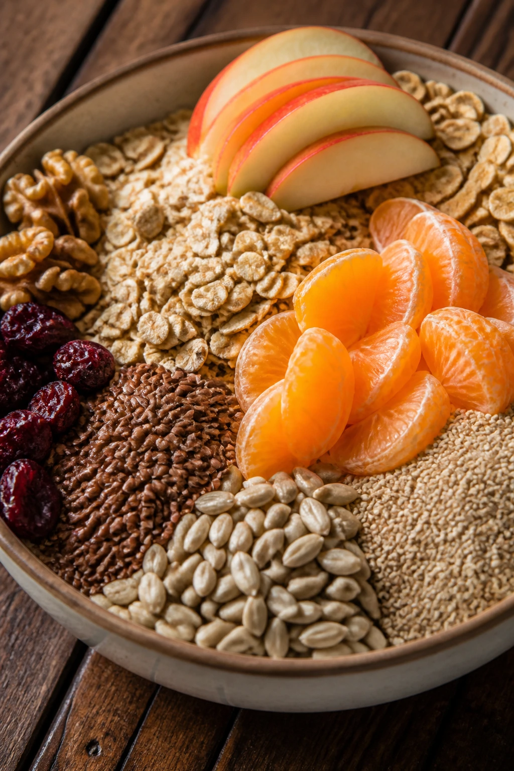 Vital Nutrients: Why Are Fruits And Vegetables Important? 10 Close-up of high-fiber foods like oats, apples, and citrus on a wooden surface