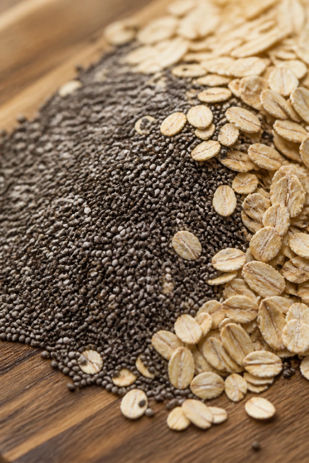 The Fiber in Banana vs Apple: Which Has More Fiber? 1 Close-up of chia seeds and oats forming a fibrous mound on a wooden board