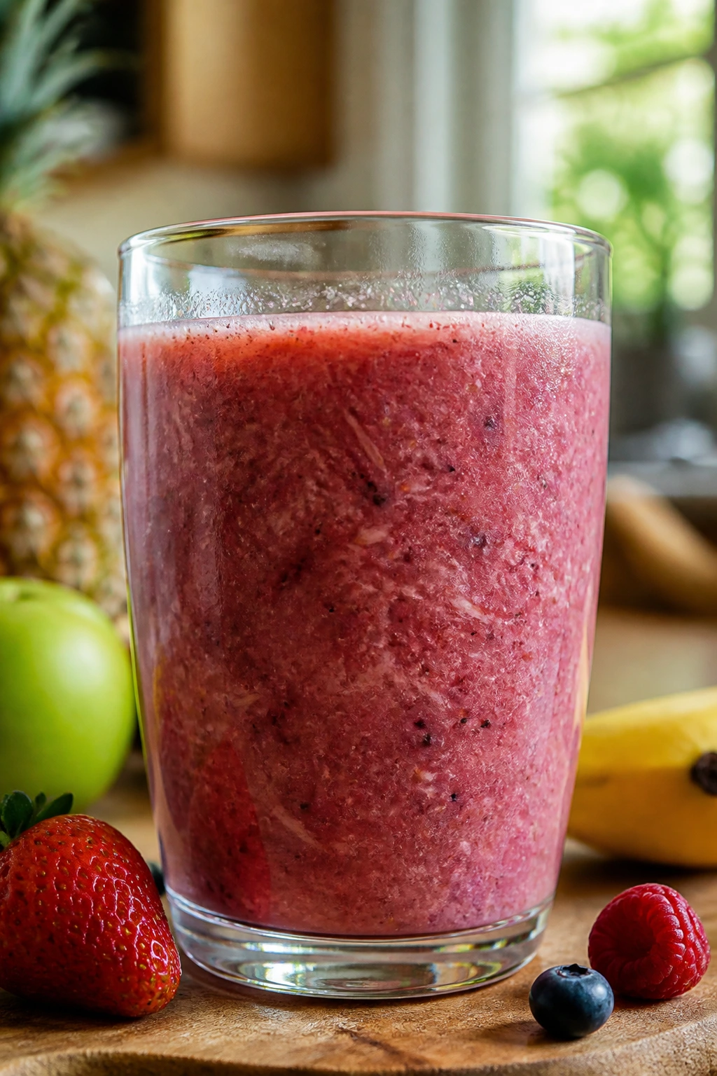Does Blending Fruit Make It Easier To Digest? 1 Close-up of a smoothie glass with visible fruit pulp fibers in a cozy kitchen