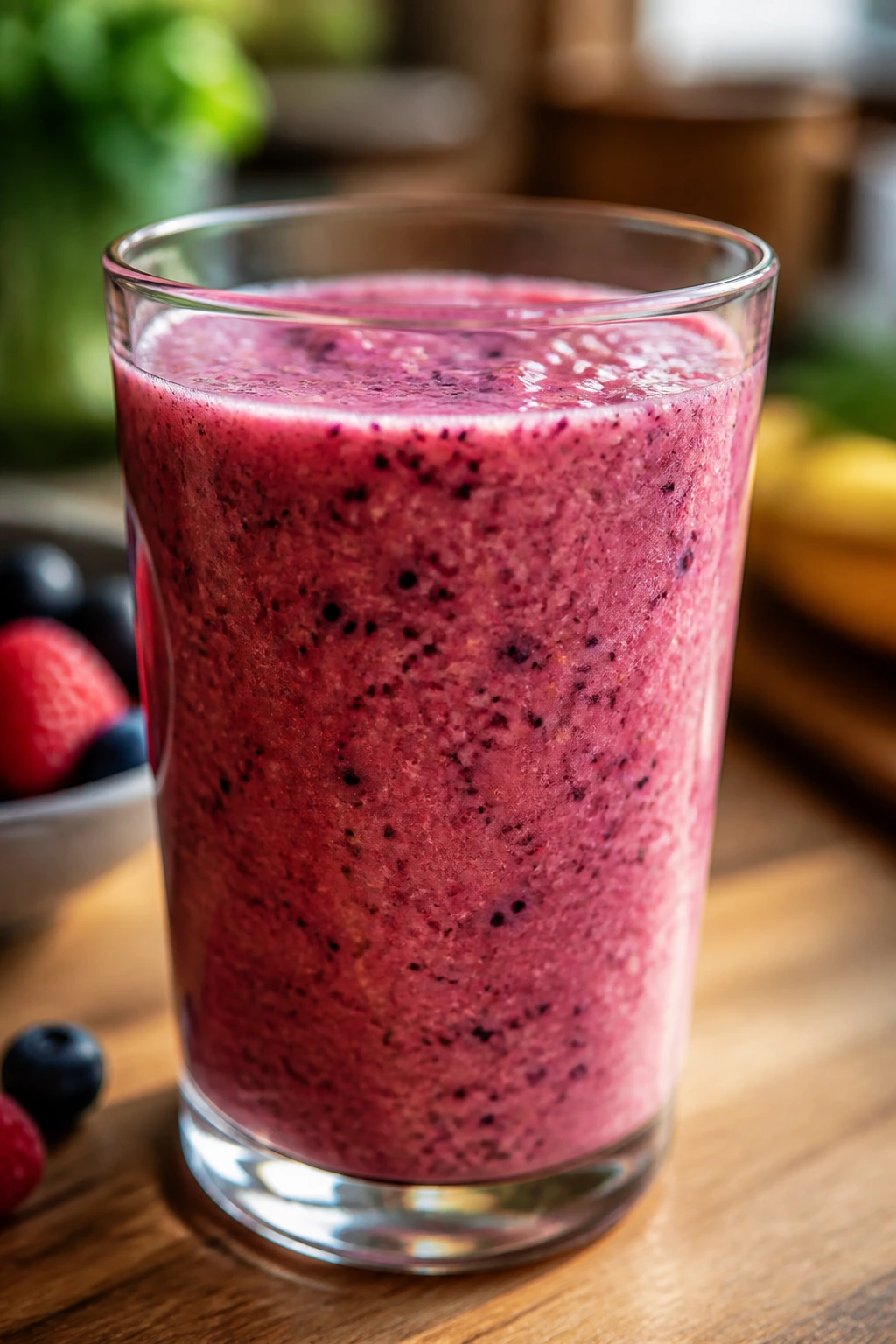 Close-up of a fiber-rich smoothie with visible pulp, highlighting fiber content.