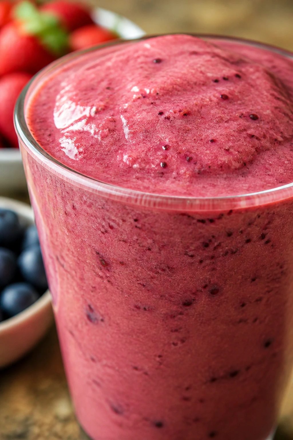 Close-up of a thick fiber-rich blended smoothie with visible texture.