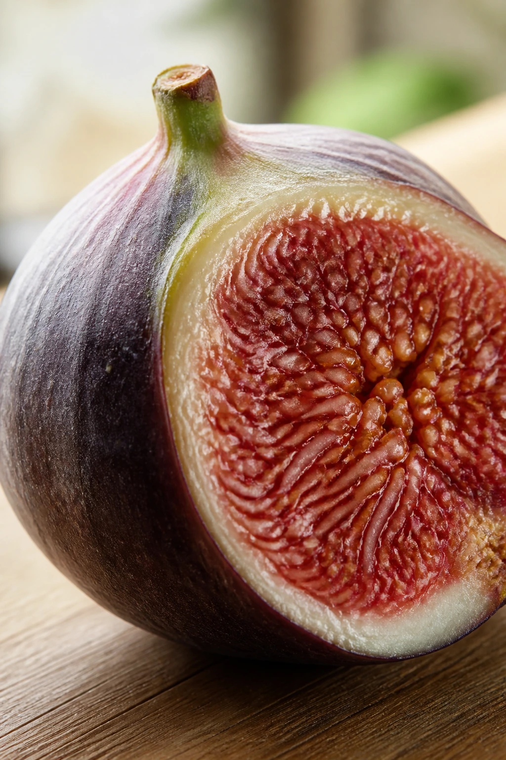 10 Astounding Health Benefits Of Fig Fruit During Pregnancy 3 Fig half on wood surface showing interior