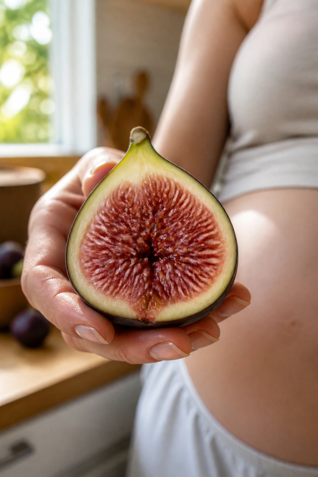 10 Astounding Health Benefits Of Fig Fruit During Pregnancy 7 Close-up of a ripe fig held by a pregnant hand to symbolize calcium for baby's bones.