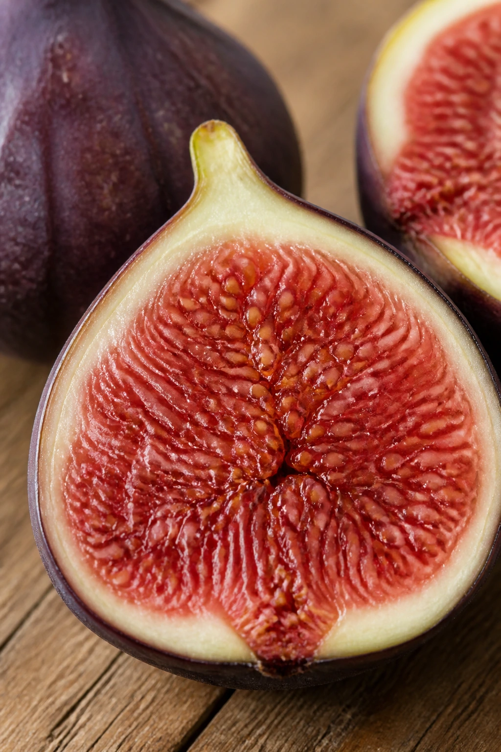 Fig cut open showing red flesh and seeds in natural light
