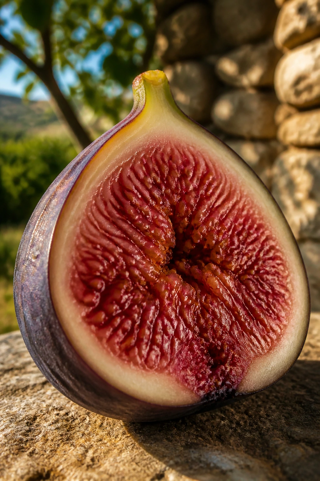 Close-up of a ripe fig with purple skin and pink interior in warm Mediterranean light