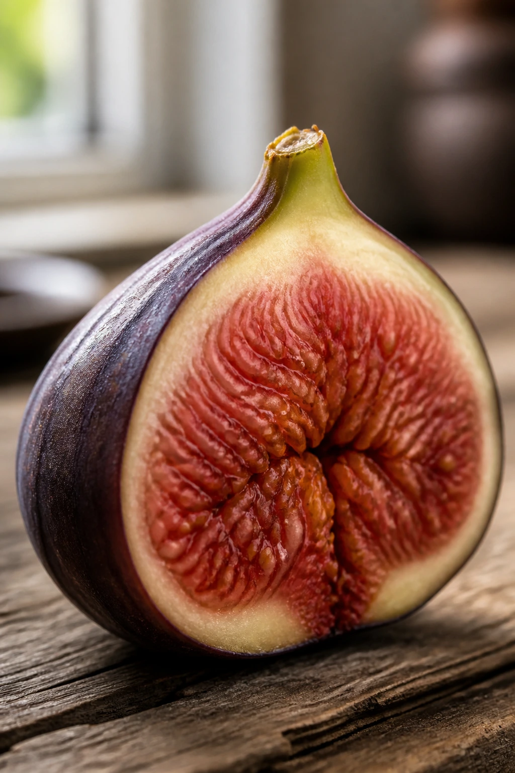 Single ripe fig on wooden surface in warm light