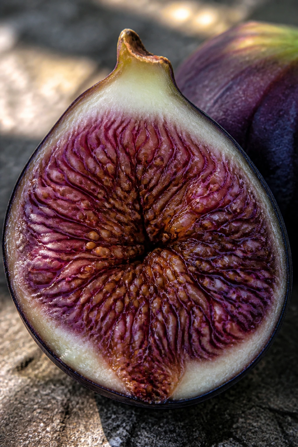 Open fig showing purple flesh and seeds on a stone surface