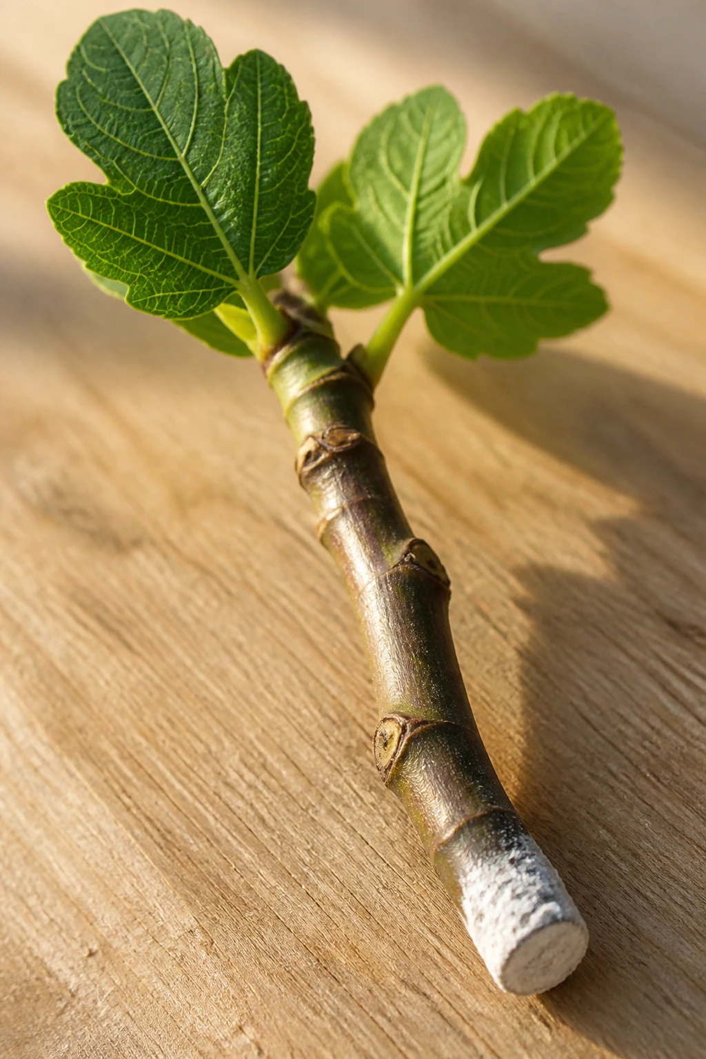 Fig cutting prepared with few leaves on a wooden surface